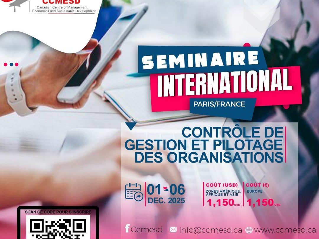 Affiche du séminaire international CCMESD à Paris, décembre 2025 — Contrôle de gestion et pilotage des organisations