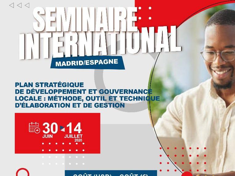 Affiche du séminaire international CCMESD à Madrid, été 2026 — Plan stratégique de développement et gouvernance locale