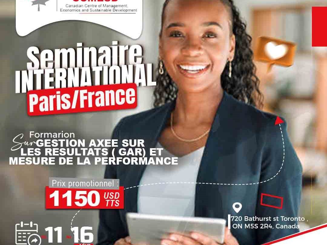 Affiche du séminaire international CCMESD à Paris, août 2025 — Gestion axée sur les résultats et mesure de la performance